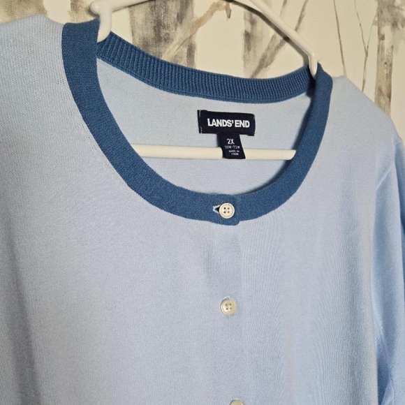Land's End Fine Gauge Cotton Cardigan Light Blue W/Peach Details 2X - Picture 2 of 6